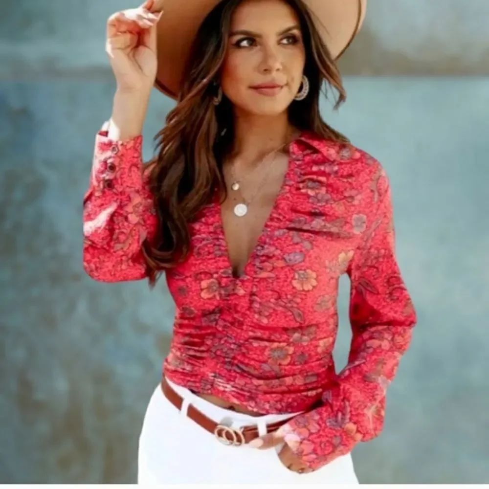 NWT Free People I Got You long sleeve blouse Smocked V neck red paisley floral